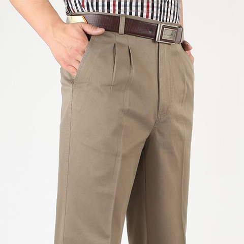 Icsars-Pantalones rectos sueltos informales para hombre, pantalón plisado clásico básico de cintura alta, grueso, de algodón, color negro, para oficina, 100%, 42, 44 y 46 ► Foto 1/6