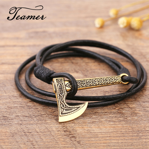 Jamieheaslip de joyería de los hombres hacha de brazalete vikingo para hombre de cuero de accesorios de plata Color hacha hecha a mano pirata pulsera para hombre ► Foto 1/6