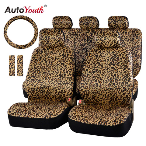 Lujo leopardo estampado coche cubierta de asiento de ajuste Universal cinturón almohadillas y 15 