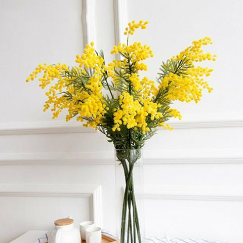 Ramas artificiales de flores amarillas falsas, 50 Uds., 57cm, Mimosa, hojas de plástico, pompón pequeño, estampación para mesa de comedor, decoración de dormitorio ► Foto 1/5