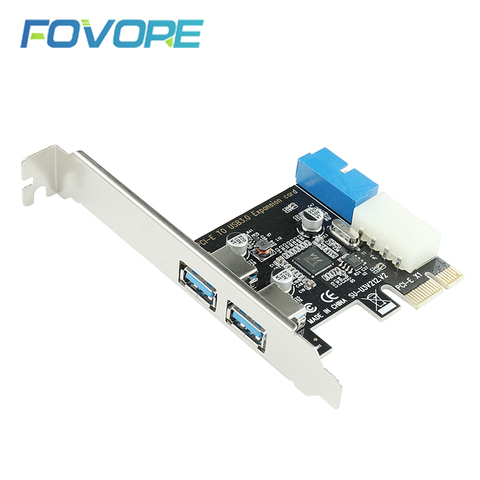 Nuevo adaptador de tarjeta de expansión PCI-E USB 3,0 externo 2 puertos USB 3,0 Hub interno 19pin encabezado PCI-E tarjeta 4pin IDE conector de alimentación ► Foto 1/6