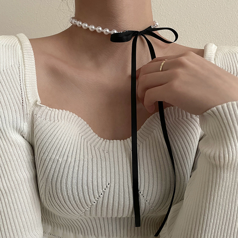 AOMU-Collar doble con lazo de terciopelo negro para mujer, gargantilla de perlas de felpa con lazo Simple, Collar de cadena para clavícula, joyería para mujer ► Foto 1/6