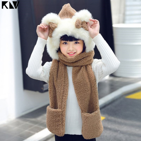 KLV niños 3 en 1 cálido gorro de invierno de felpa, lindo Lazo, orejas de oso, bufanda, guantes, gorro con capucha ► Foto 1/6