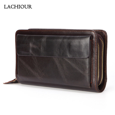 Lachiour-cartera de mano de cuero genuino para hombre, cartera de mano masculina, de negocios, larga, a la moda, monedero, bolso práctico negro para teléfono ► Foto 1/6