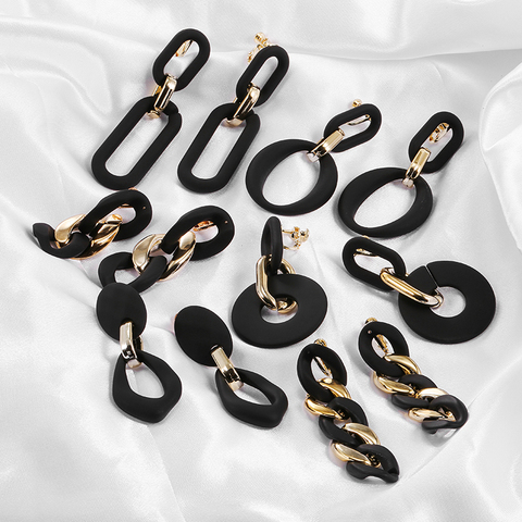 Nuevo diseño de oro Vintage suave mate negro Cadena de acrílico, Clip en pendientes para mujeres Oval geométrico largo sin orificio auriculares joya Clip ► Foto 1/6