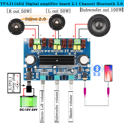 Placa amplificadora digital TPA3116D2, Bluetooth 5,0, tonos de volumen, 2,1 canales, estéreo, Clase D, 50W x 2 + 100W, altavoz de Audio para AUX XH-A305 ► Foto 1/6