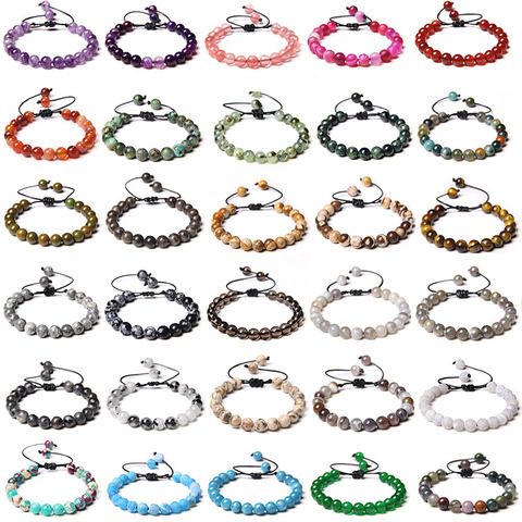 Multicolor de las mujeres de los hombres 8mm cuentas de piedra encanto trenza pulsera ajustable amatistas ágatas cuentas de piedra de curación pulsera tejida ► Foto 1/6