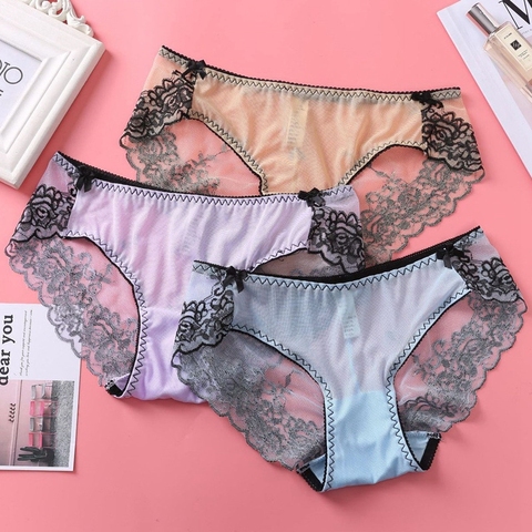 Ropa interior Sexy para mujer, bragas ahuecadas de cintura baja con encaje bordado, bragas sin costuras de malla transparente ► Foto 1/6