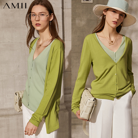 Amii minimalismo primavera nuevo Cardigan para mujer moda V Patchwork único Breasted de las mujeres suéteres Tops 12140131 ► Foto 1/1