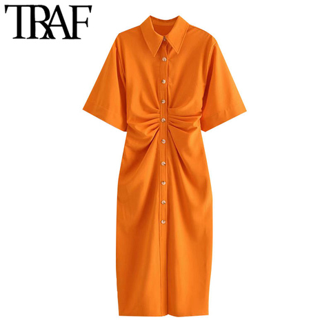 TRAF-vestido Midi drapeado con botones para mujer, vestido Vintage de manga corta con cremallera lateral ► Foto 1/6