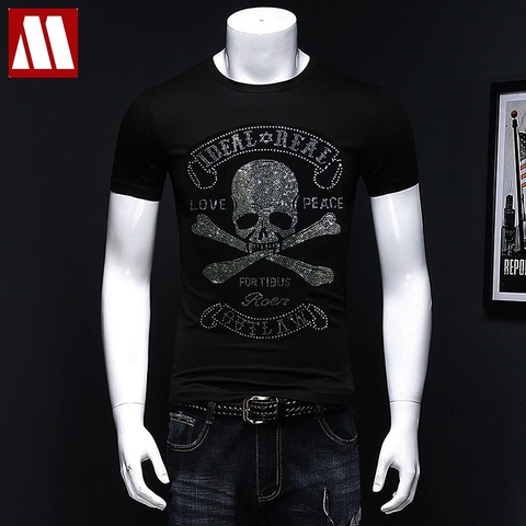 Camisetas de manga corta para hombre, camiseta de calavera brillante con perforación en caliente, camiseta informal de calavera con diamantes de imitación, talla asiática, verano 2022 ► Foto 1/6