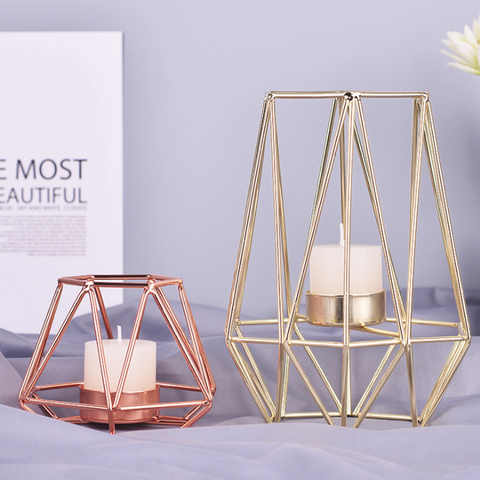 Portavelas de Metal para decoración del hogar, candelabro de hierro geométrico nórdico de moda de oro rosa, adornos de mesa de pared, Día de San Valentín romántico ► Foto 1/6