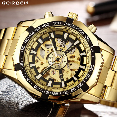 Reloj mecánico automático para hombre, luminoso, dorado, de acero inoxidable, deportivo, masculino ► Foto 1/6