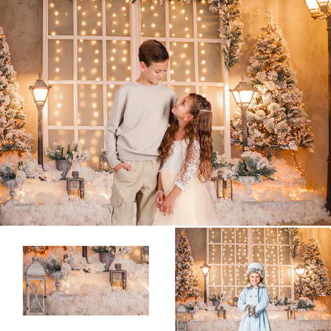 FONDO DE NAVIDAD cálido para estudio fotográfico, luz de calle decorativa con ventana blanca para nieve, Fondo de fotografía de un árbol ► Foto 1/6