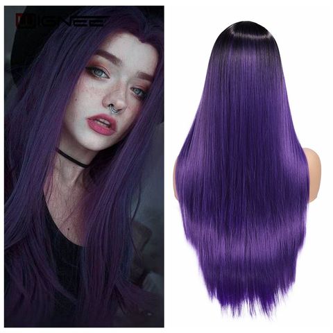 Wignee Pelo Largo liso medio peluca sintética para mujeres Ombre pelo Natural púrpura sin pegamento diario/Cosplay pelucas de pelo femenino ► Foto 1/6