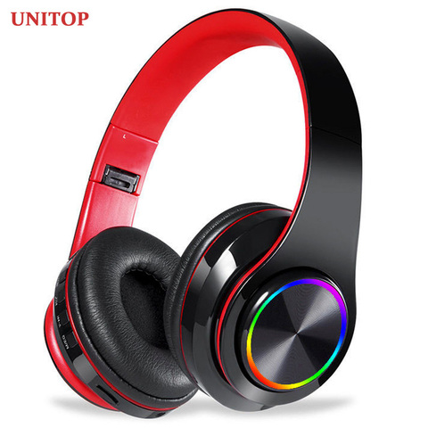 UNITOP-auriculares con luces LED de colores, auriculares portátiles con auriculares inalámbricos con Bluetooth FM integrada y micrófono, compatible con tarjeta TF y Mp3 ► Foto 1/6