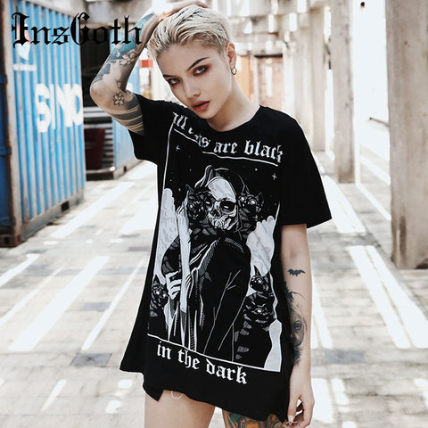 InsGoth, camisetas sueltas negras para mujeres, camisetas góticas Grunge Punk Harajuku cráneo articulado, Camisetas largas de fiesta de Halloween para mujeres, camiseta femenina - Historial de precios y revisión | Vendedor