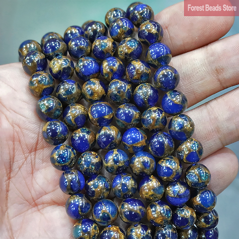 Cuentas de piedra redonda Cloisonne de encaje dorado azul oscuro, collar de pulsera artesanal para fabricación de joyas, hilo de 15 