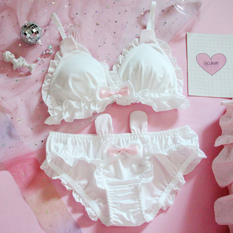 Conjunto de ropa interior japonesa de Lolita Kawaii para mujer, sujetador y bragas con volantes, lencería Sexy con orejas de conejo, color blanco ► Foto 1/6