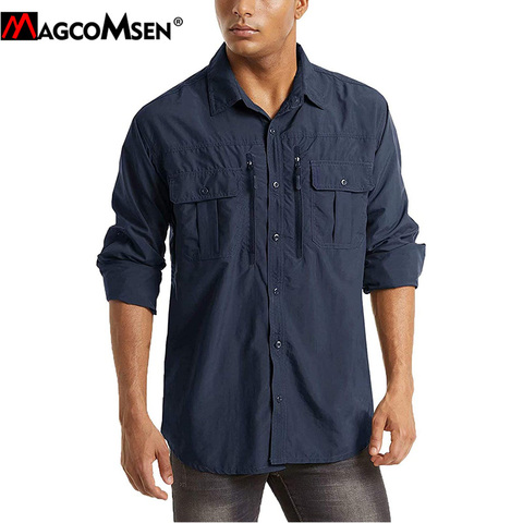 MAGCOMSEN-camisas de estilo militar para hombre, camisa de combate táctico de secado rápido para exteriores, camisas de trabajo de manga larga con 2 bolsillos de pecho ► Foto 1/6