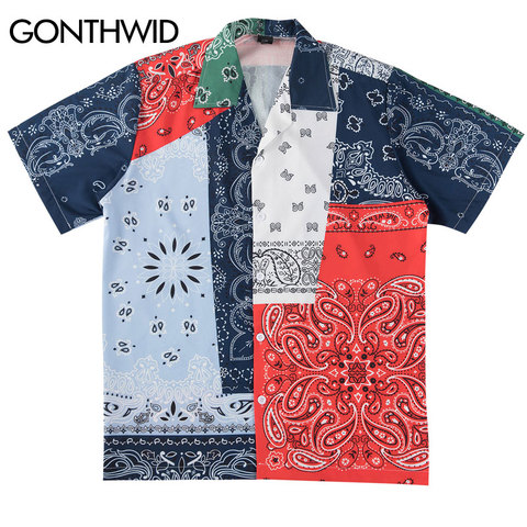 GONTHWID Hip Hop con flores de anacardo Color de impresión Patchwork bloque playa Aloha Hawaiano camisa Streetwear de verano de manga corta Camiseta ► Foto 1/6