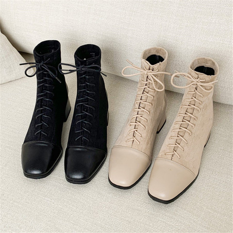 Botas para mujer de tacón bajo con punta cuadrada y cordones color negro, botines, calzado elegante, temporada otoño invierno, 2022 ► Foto 1/6