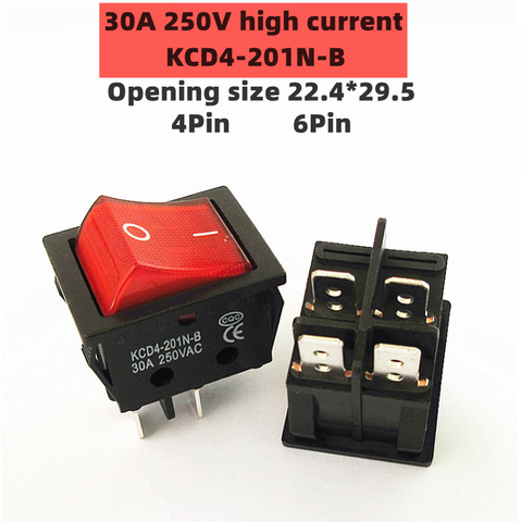 Interruptor de encendido basculante de cobre rojo, accesorios eléctricos de botón de 4 pines, 30A, 250V, KCD4 de alta corriente, 22x29 ► Foto 1/6