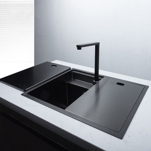 Fregadero de cocina hecho a mano de acero inoxidable oculto, negro, doble cuenco, encimera, gran lavabo, para balcón ► Foto 1/6