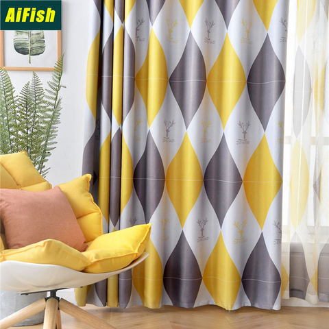 Gris/amarillo estampado de diamantes cortina Simple nórdico Estilo de vida habitación caliente rebelde ancho grueso cortinas TM056-4 ► Foto 1/6