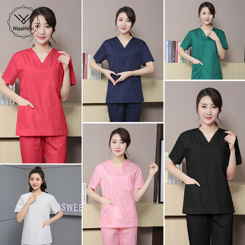 Conjunto de enfermería para sala de operaciones de Hospital, Uniforme de Trabajo de salón de belleza, Tops quirúrgicos médicos, pantalones, ropa de trabajo para médico y mascotas, color negro y azul ► Foto 1/6