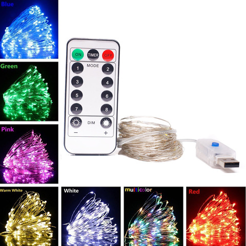 Cadena de luces LED para decoración de Navidad, 10-100 LEDs alimentados por USB, cadena de alambre de cobre regulable, 8 modos de iluminación IP65 con mando a distancia ► Foto 1/6