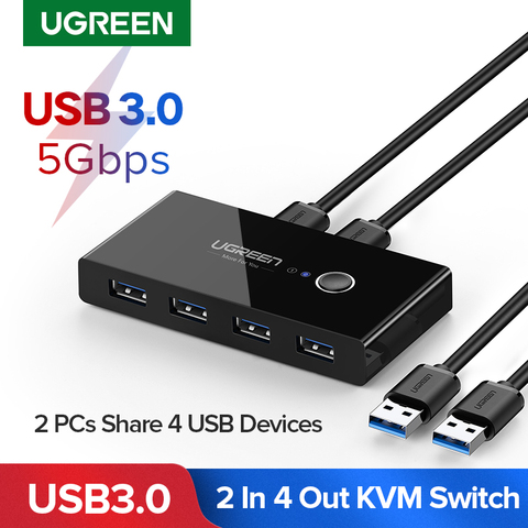 Ugreen-Conmutador de puertos USB 3.0 con interruptor para ordenadores, switch KVM USB 2.0 para compartir teclado, impresora, monitor, 2 PCs, 4 dispositivos ► Foto 1/6