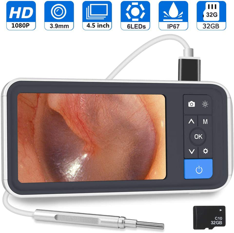 Otoscopio Digital de 3,9mm, 4,5 pulgadas, 1080P, HD, pantalla LCD, endoscopio para oído, cámara de cera para oreja con batería de 2500mAh y tarjeta TF de 32GB ► Foto 1/6