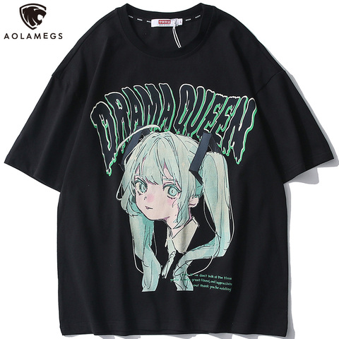 Aolamegs-Camiseta con estampado de dibujos animados para hombre y niña, ropa de calle con cuello redondo y pelo verde, Harajuku japonés de verano ► Foto 1/6