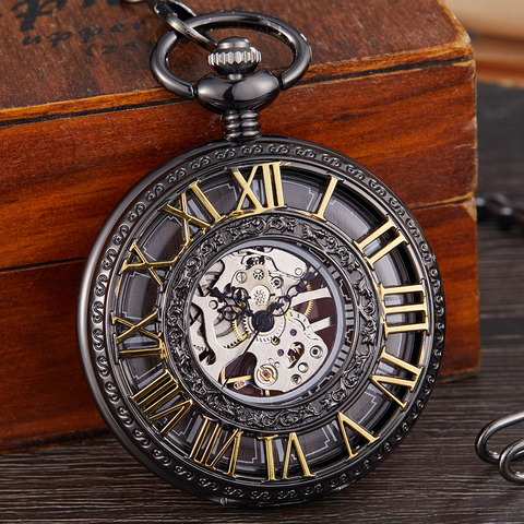 Reloj de bolsillo mecánico Vintage para hombre y mujer, reloj con números romanos, cadena de madera hueca, cuerda a mano, Steampunk, esqueleto ► Foto 1/6