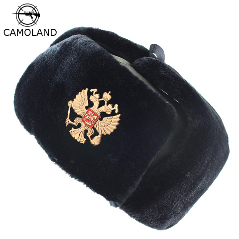 Insignia soviética Rusia Ushanka de los hombres de invierno chaqueta sombreros piloto de con orejeras de piel trampero sombrero de policía ruso emblema nacional gorros para nieve ► Foto 1/6