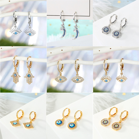 Dayoff-pendientes de aro con diamantes de imitación para mujer, pendientes de aro con diseño de ojo malvado turco y Luna, regalo de joyería ► Foto 1/6