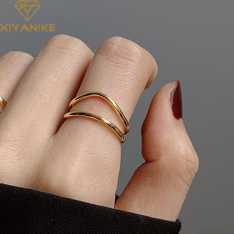 XIYANIKE-anillos de plata de ley 925 para mujer y parejas, joyería de fiesta curva de doble capa chapada en oro ► Foto 1/5