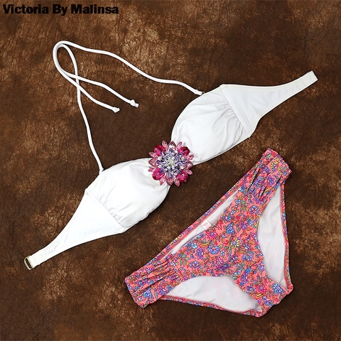 Conjunto de Bikini con diamantes de cristal rosa para mujer, bañador secreto blanco, traje de baño brasileño con fondo atrevido de verano ► Foto 1/6