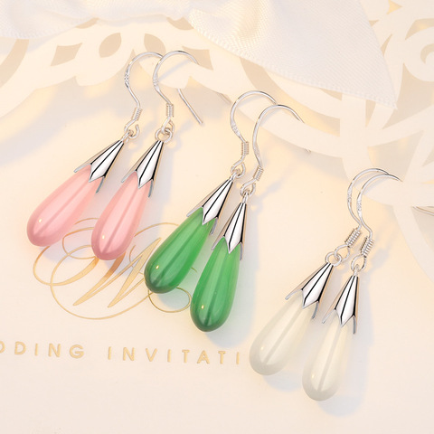 ZHOUYANG-pendientes de gota de agua para mujer, Color rosa, verde, blanco ojo de gato, piedra Color plata, regalo de boda, joyería KBE073 ► Foto 1/6