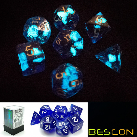 Bescon-Juego de dados poliédricos Super brillante en la oscuridad, poliédricos Conjunto de dados de espacio profundo, juego de dados de juego de rol luminoso, DND, novedad ► Foto 1/6