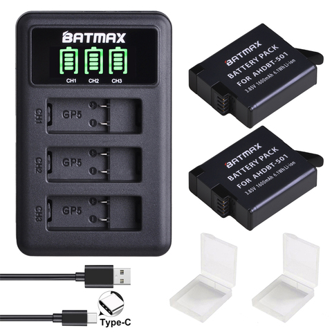 2 piezas AHDBT501 Hero5 batería Akku + USB LED cargador de 3 puertos con puerto tipo C para GoPro 2022 héroe 5 GoPro héroe Cámara 6/7 batería ► Foto 1/6