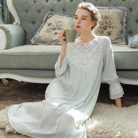 Camisón de encaje de manga larga para mujer, ropa de dormir de princesa, vestido de corte francés de algodón Retro victoriano, elegante y romántico ► Foto 1/6