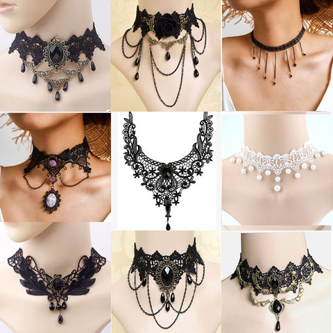 Nuevas Collares gargantillas góticas Sexy cristal negro encaje cuello gargantilla collar vintage, victoriano mujeres Chocker joyería Steampunk ► Foto 1/6