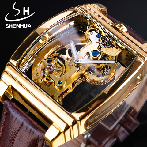 SHENHUA-reloj mecánico de lujo real transparente, resistente al agua, automático, correa de cuero, Esqueleto, Tourbillion, dorado, luminoso ► Foto 1/6