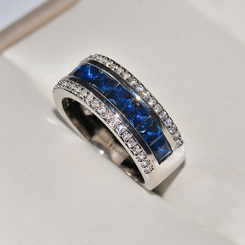 Anillo ancho de circonia cúbica para mujer, de Plata de Ley 925 auténtica con Zirconia cúbica azul redonda, joyería de boda ► Foto 1/4