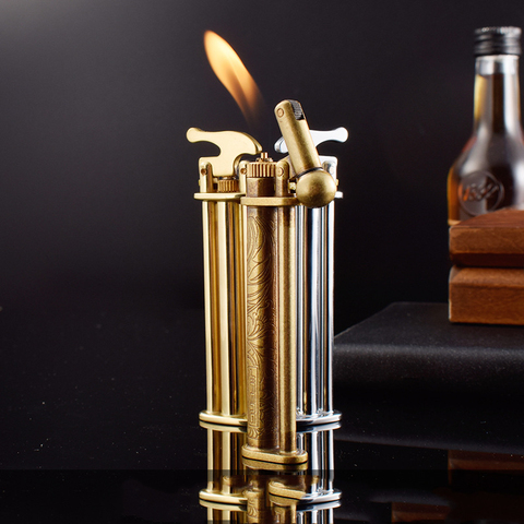 Retro JIFENG tres Trident Pure Brass molido rueda llama encendedor de Gas encendedor de butano para cigarrillos aparatos Vintage inusuales para hombres ► Foto 1/6