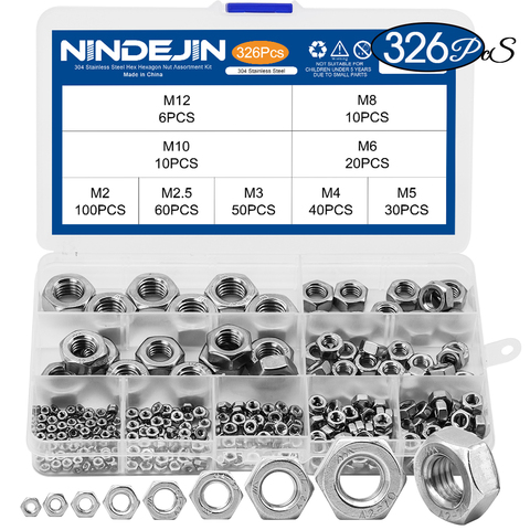 NINDEJIN-surtido de tuercas hexagonales, juego de tuercas hexagonales de acero inoxidable, M2, M2.5, M3 M4 M5 M6 M8 M10 M12, DIN934, 326 Uds. ► Foto 1/6