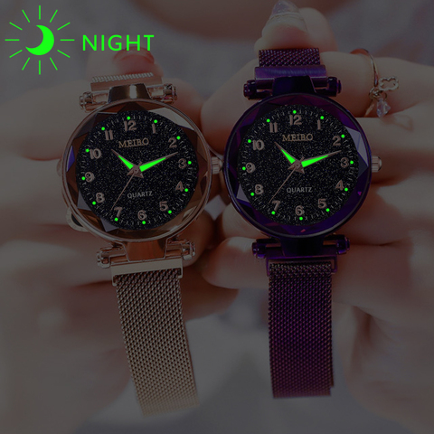 Reloj de cuarzo con hebilla de imán de mujeres, cronógrafo luminoso de cielo estrellado con números arábigos, de lujo, de acero inoxidable, MEIBO, Dropshipping ► Foto 1/6