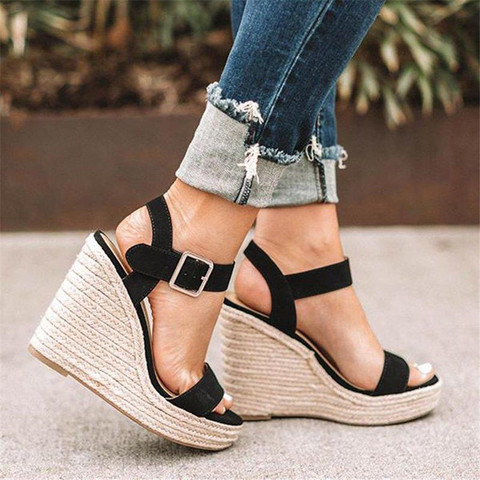 Sandalias con punta de plataforma abierta para mujer, cuñas altas, hebillas de tobillo, Sandalia, alpargatas, zapatos sandalias para mujer ► Foto 1/5